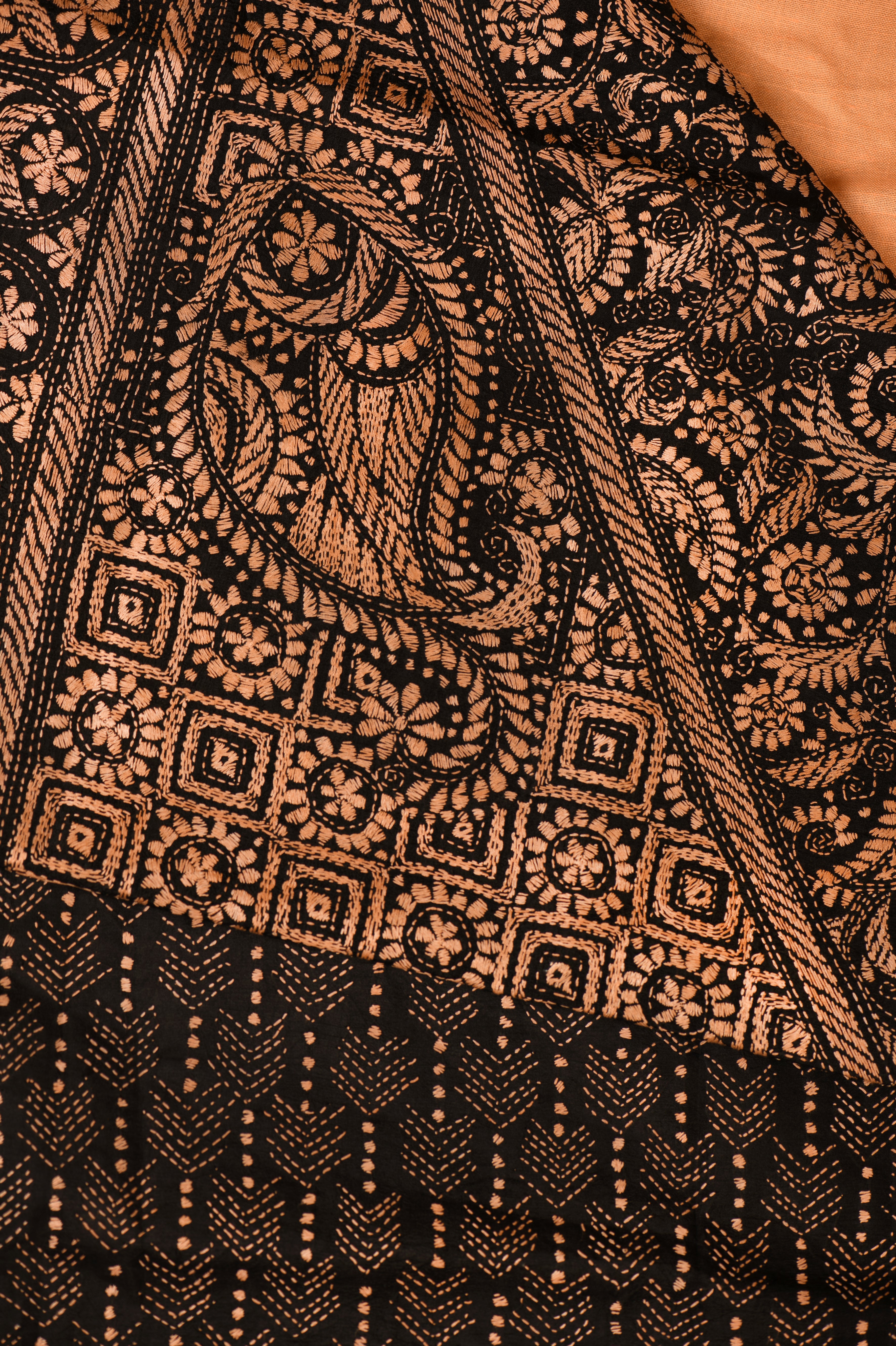 Black & Copper Silk Saree with elegant Kantha motifs