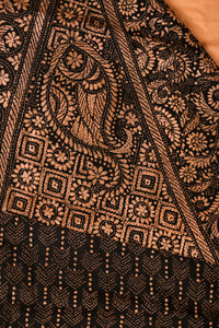 Black & Copper Silk Saree with elegant Kantha motifs