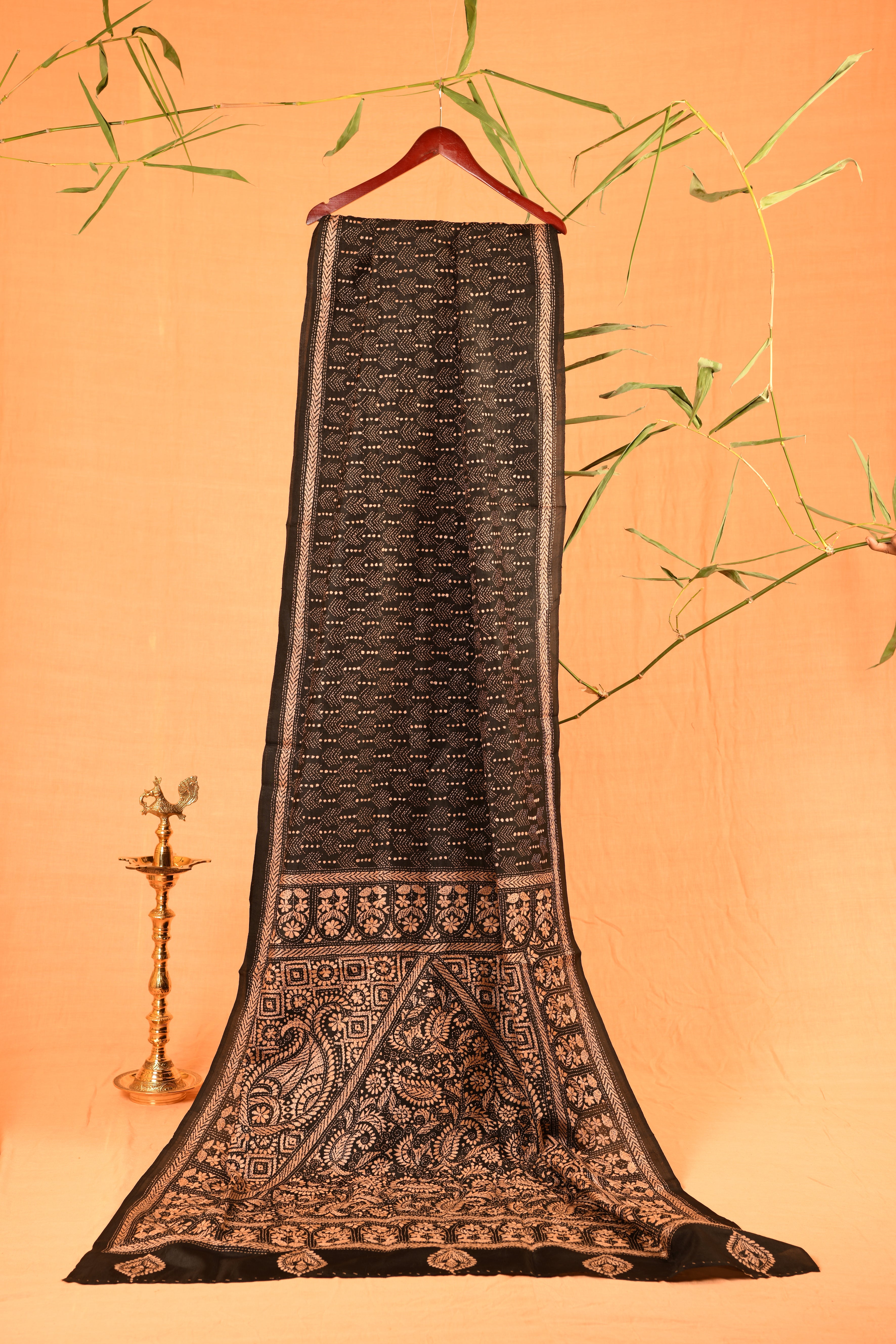 Black & Copper Silk Saree with elegant Kantha motifs