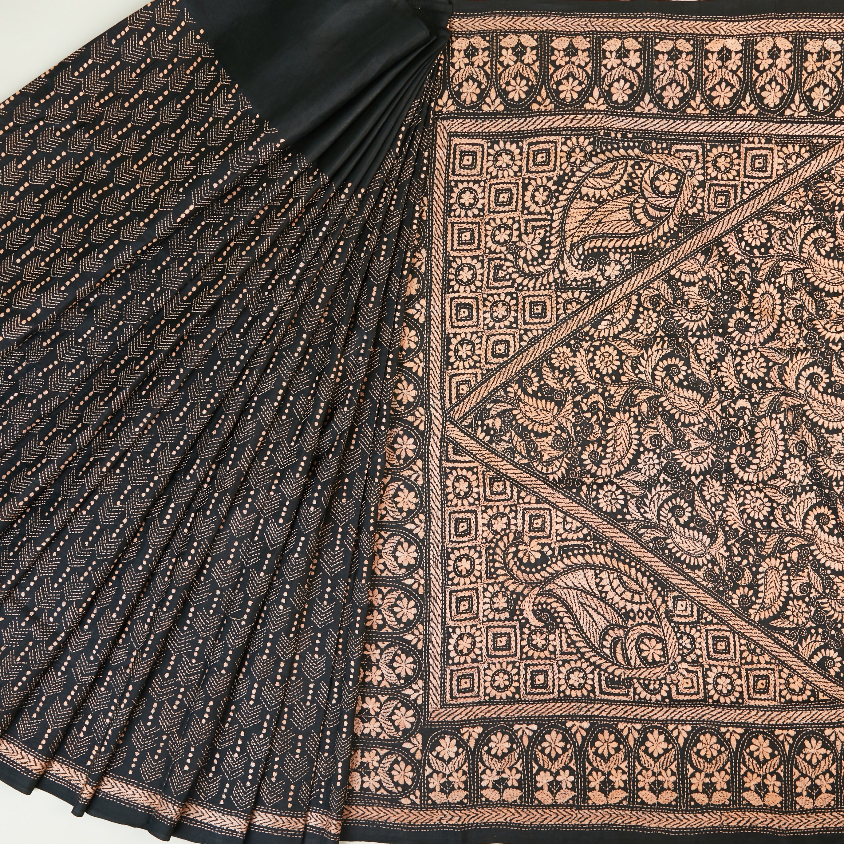 Black & Copper Silk Saree with elegant Kantha motifs