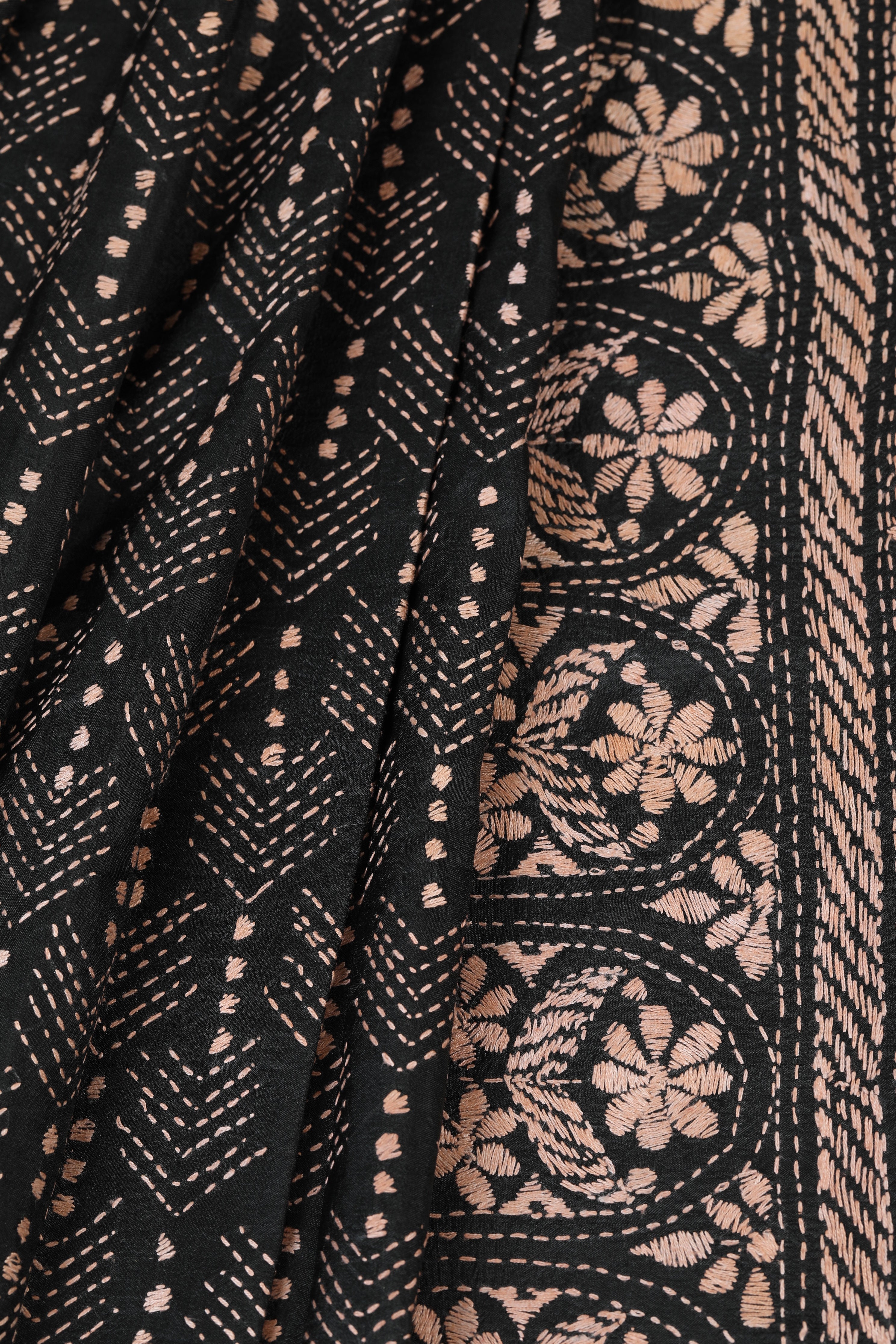 Black & Copper Silk Saree with elegant Kantha motifs