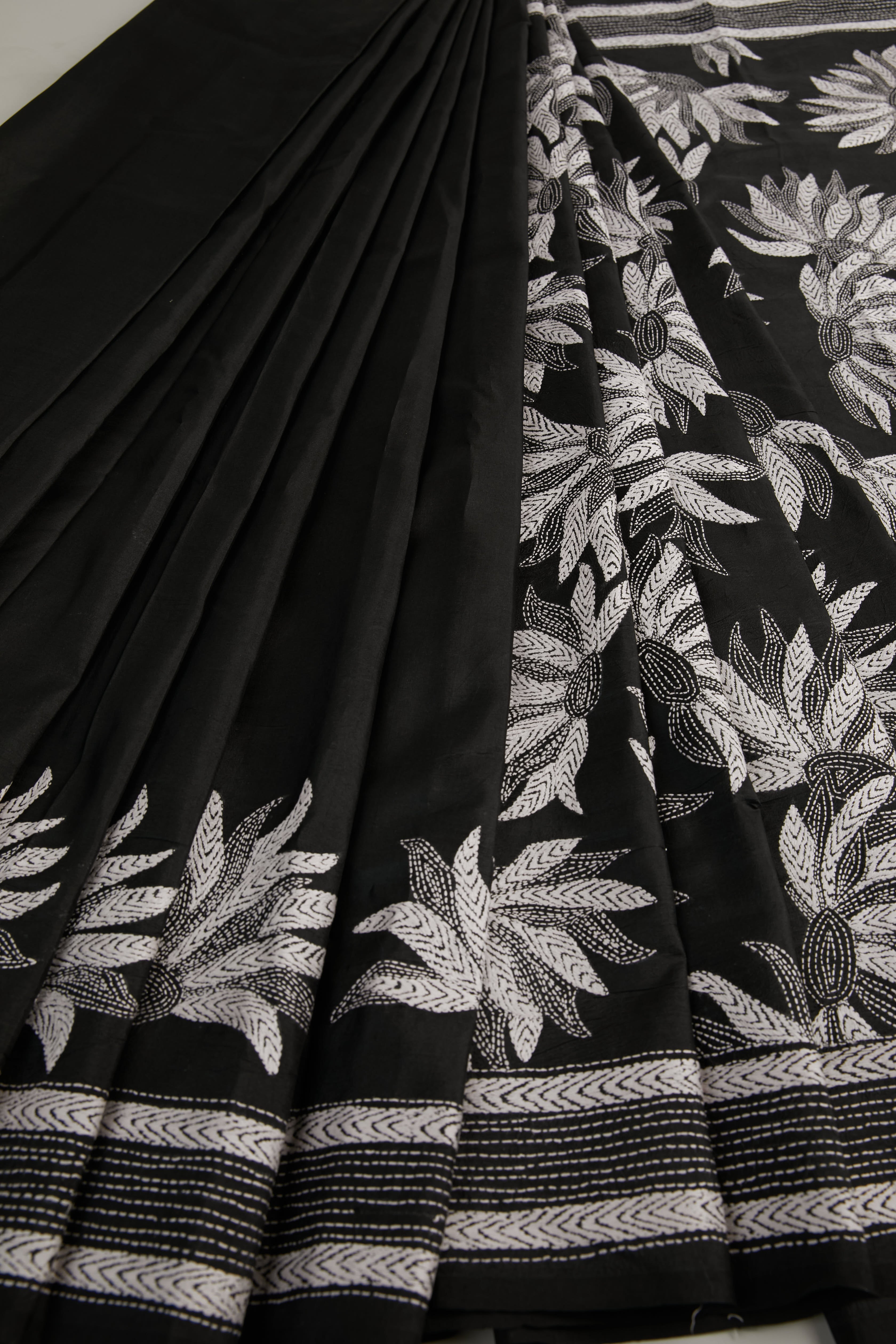 Rich Black Silk with Kantha running stitch