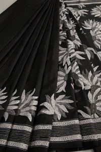 Rich Black Silk with Kantha running stitch