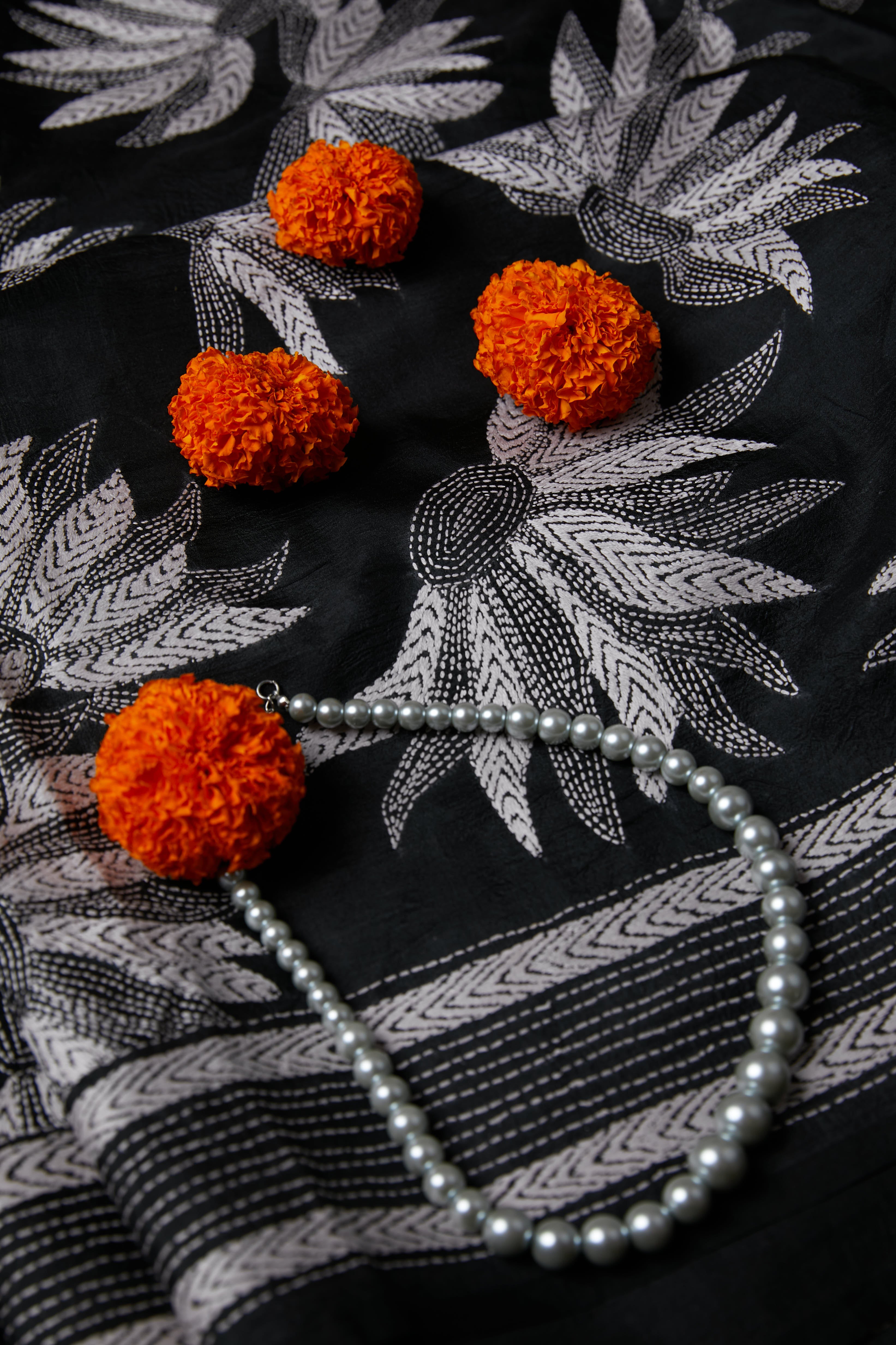 Rich Black Silk with Kantha running stitch