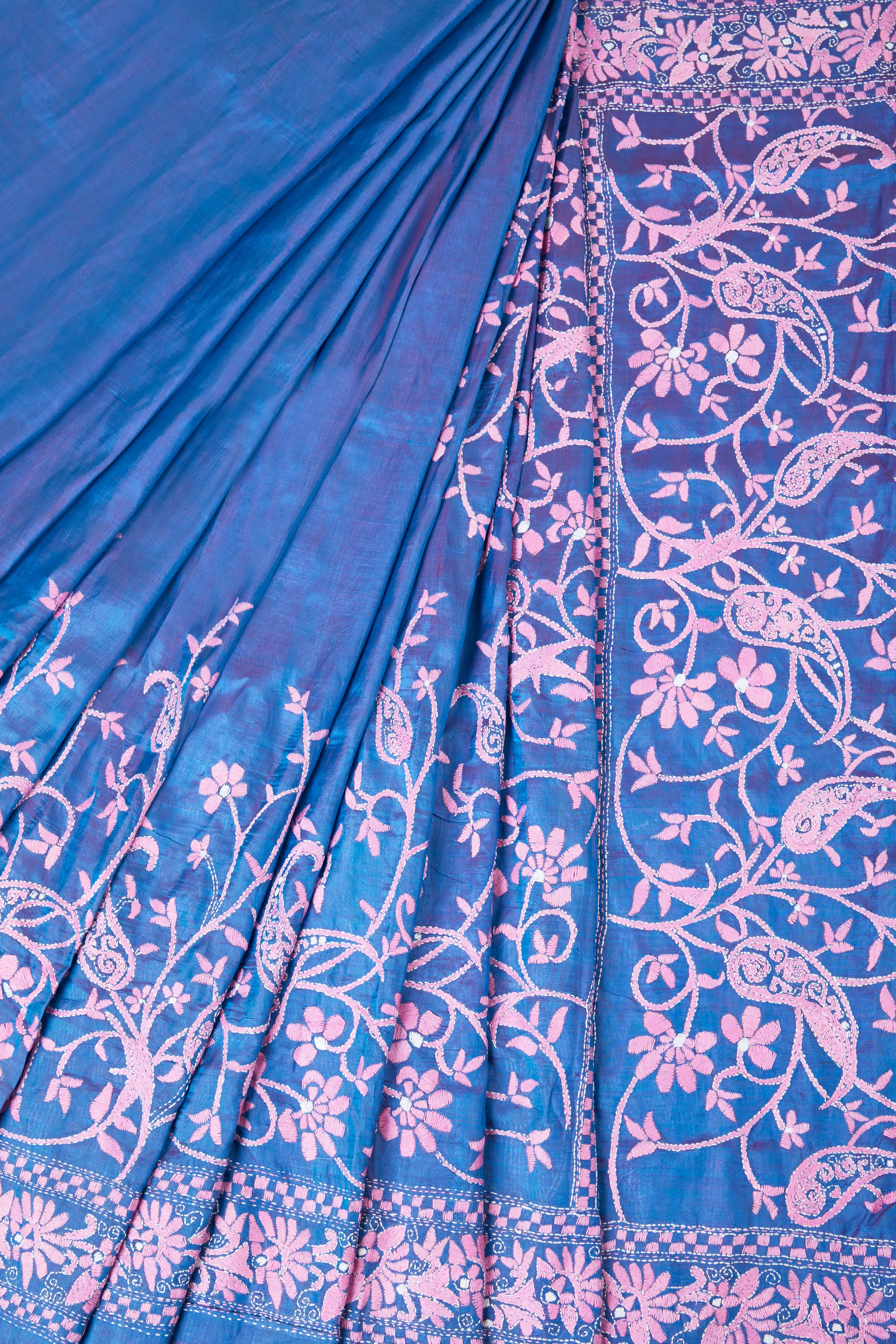 Blue Silk Saree with Pink & White Kantha embroidery