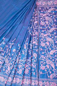 Blue Silk Saree with Pink & White Kantha embroidery
