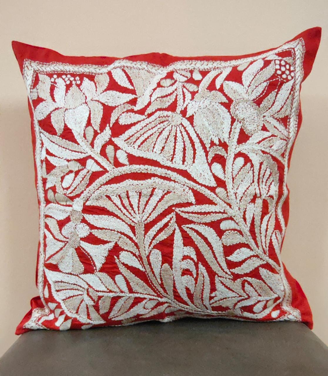 Red with Cream Embroidery Cushion Covers (Set of 2)