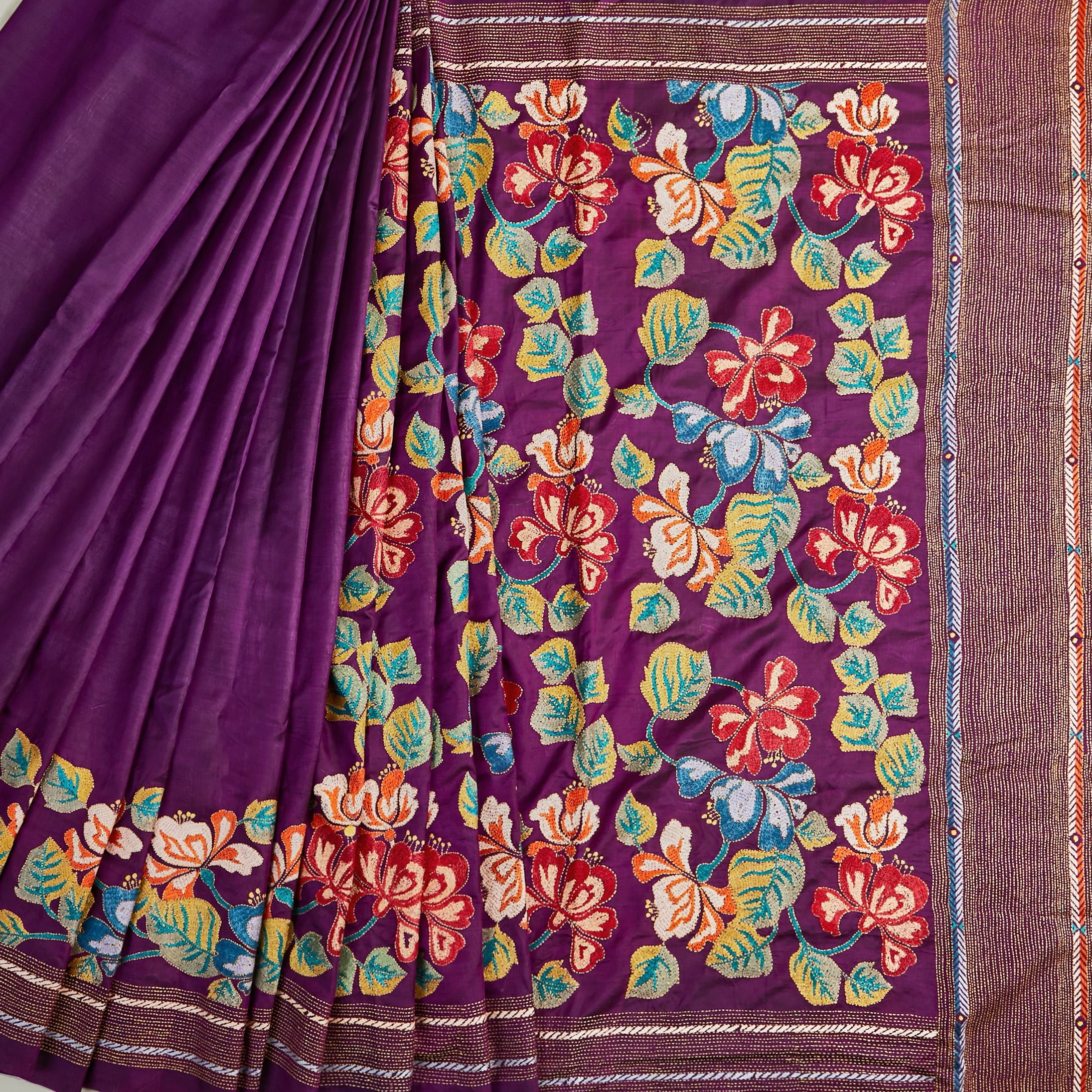 Rich Purple Kantha Saree with combination motifs of nature
