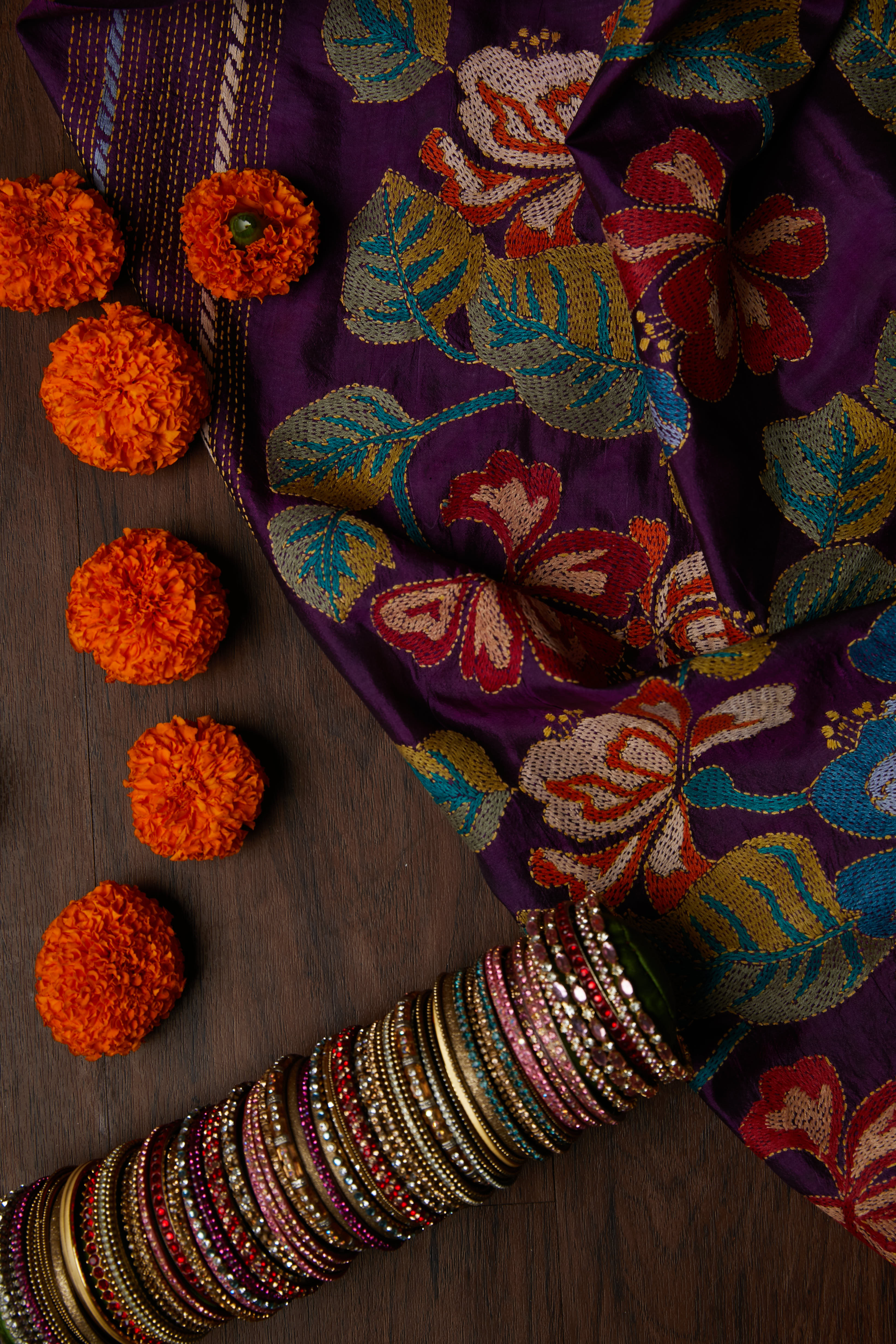 Rich Purple Kantha Saree with combination motifs of nature