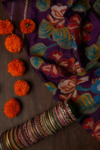 Rich Purple Kantha Saree with combination motifs of nature