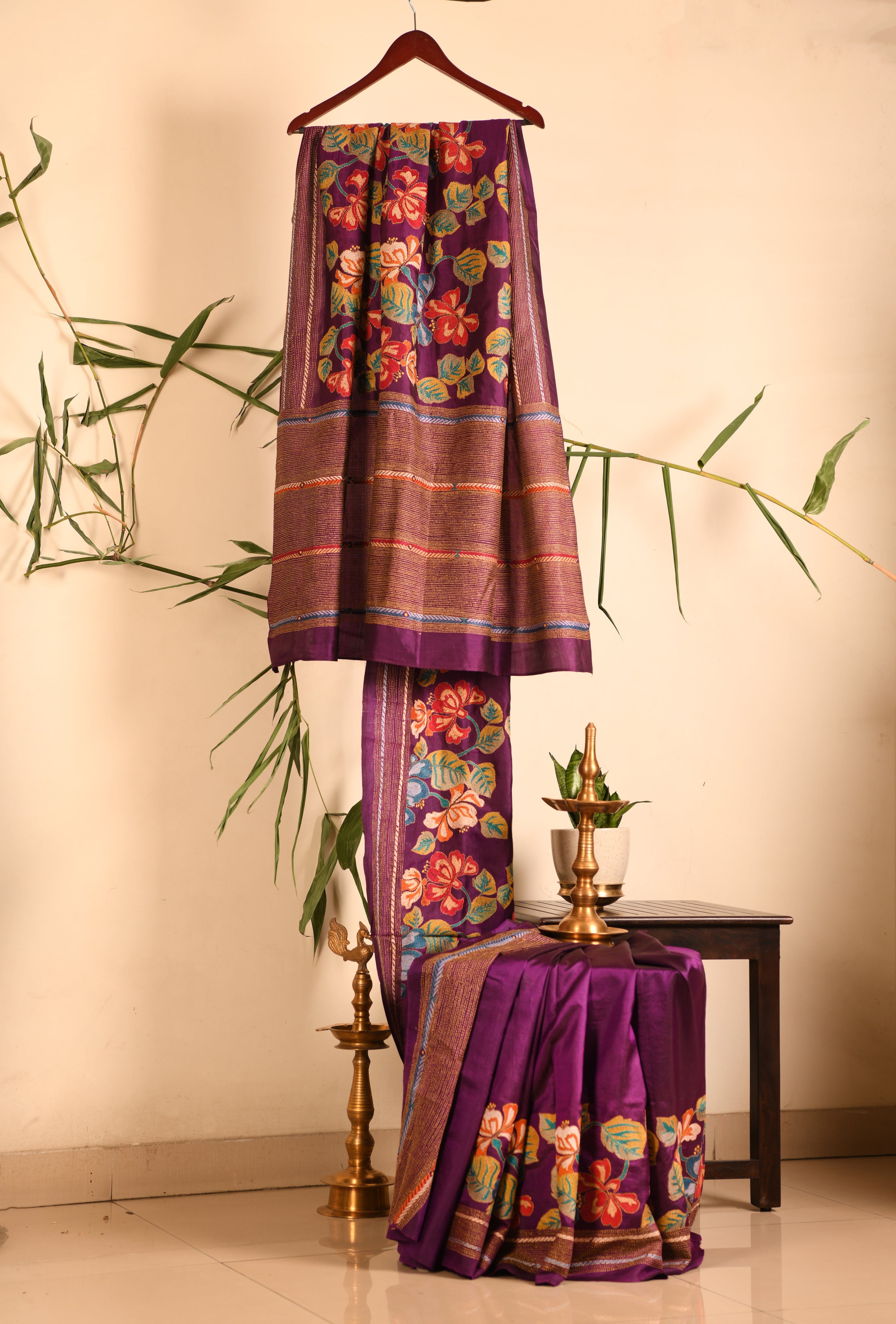 Rich Purple Kantha Saree with combination motifs of nature