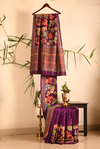 Rich Purple Kantha Saree with combination motifs of nature
