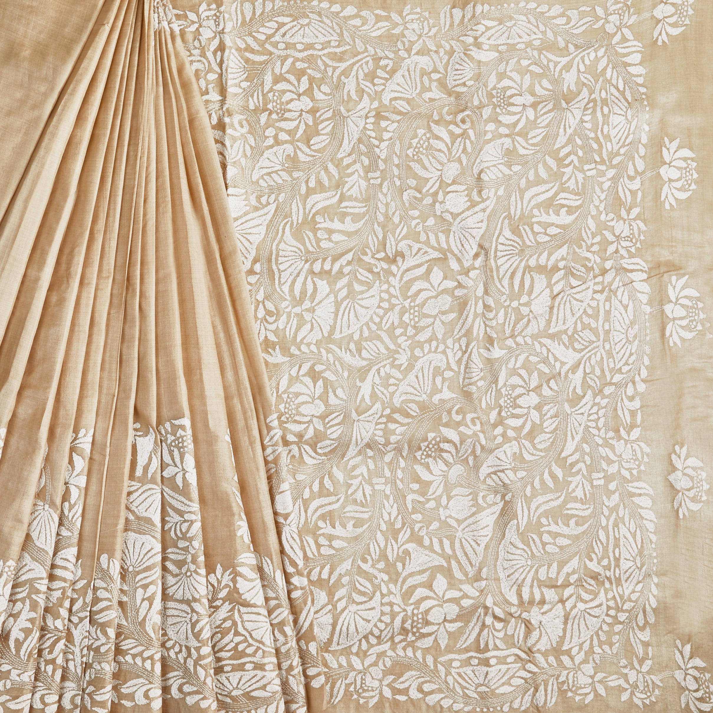 Beige Gachi Tusser Silk Saree with White Threadwork