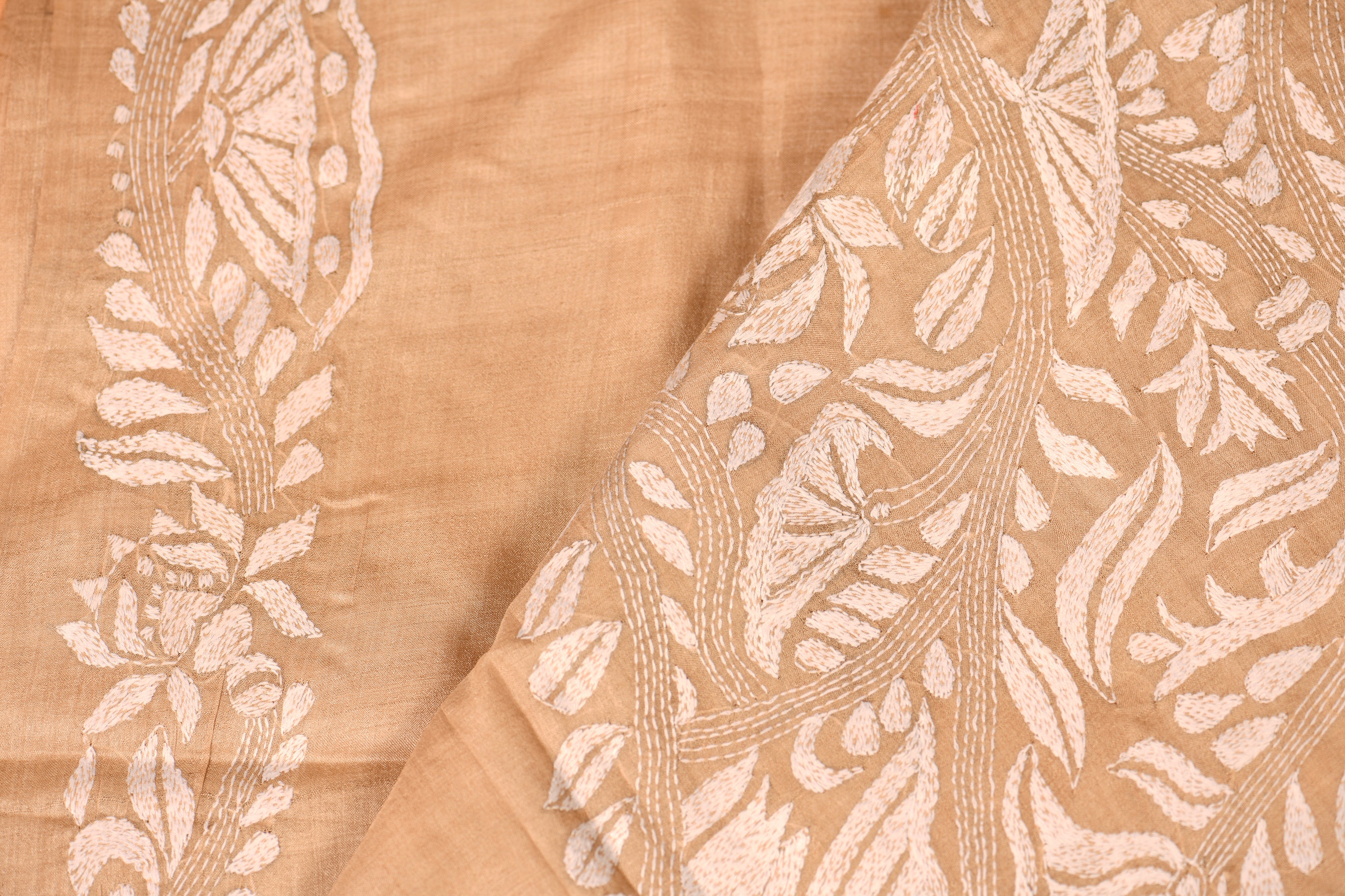 Beige Gachi Tusser Silk Saree with White Threadwork