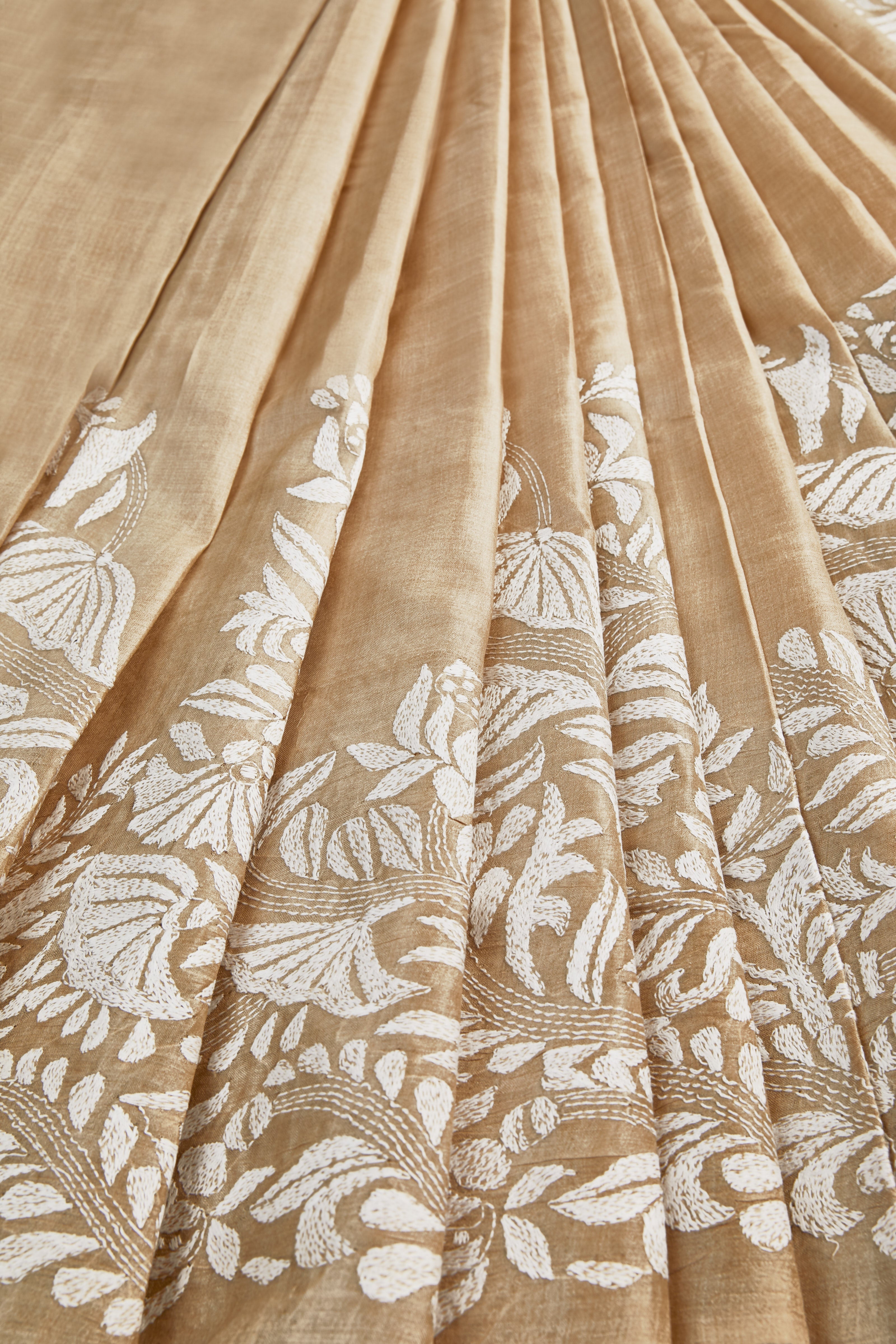 Beige Gachi Tusser Silk Saree with White Threadwork