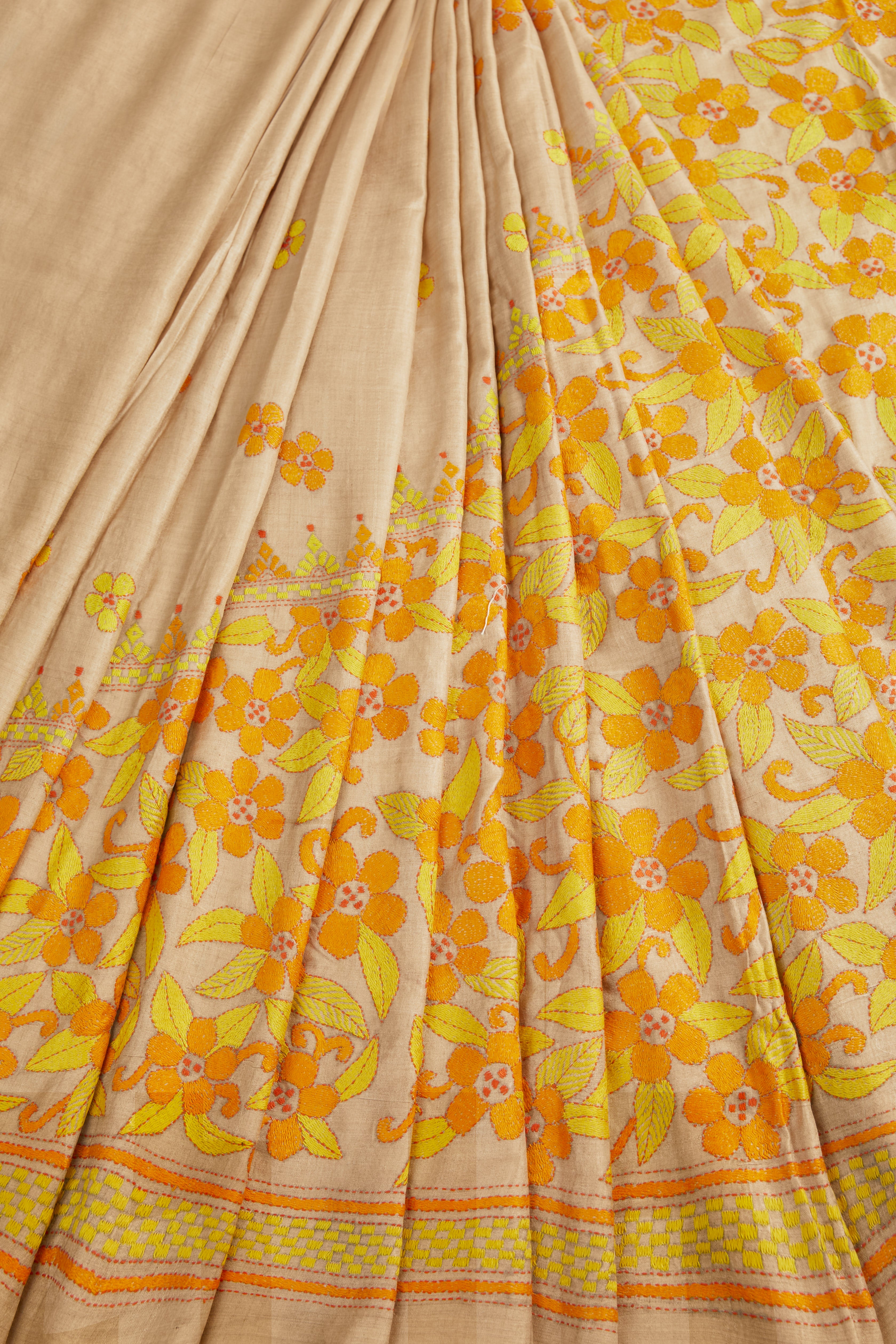 Golden Gachi Tusser Silk with Yellow & Ochre Motifs