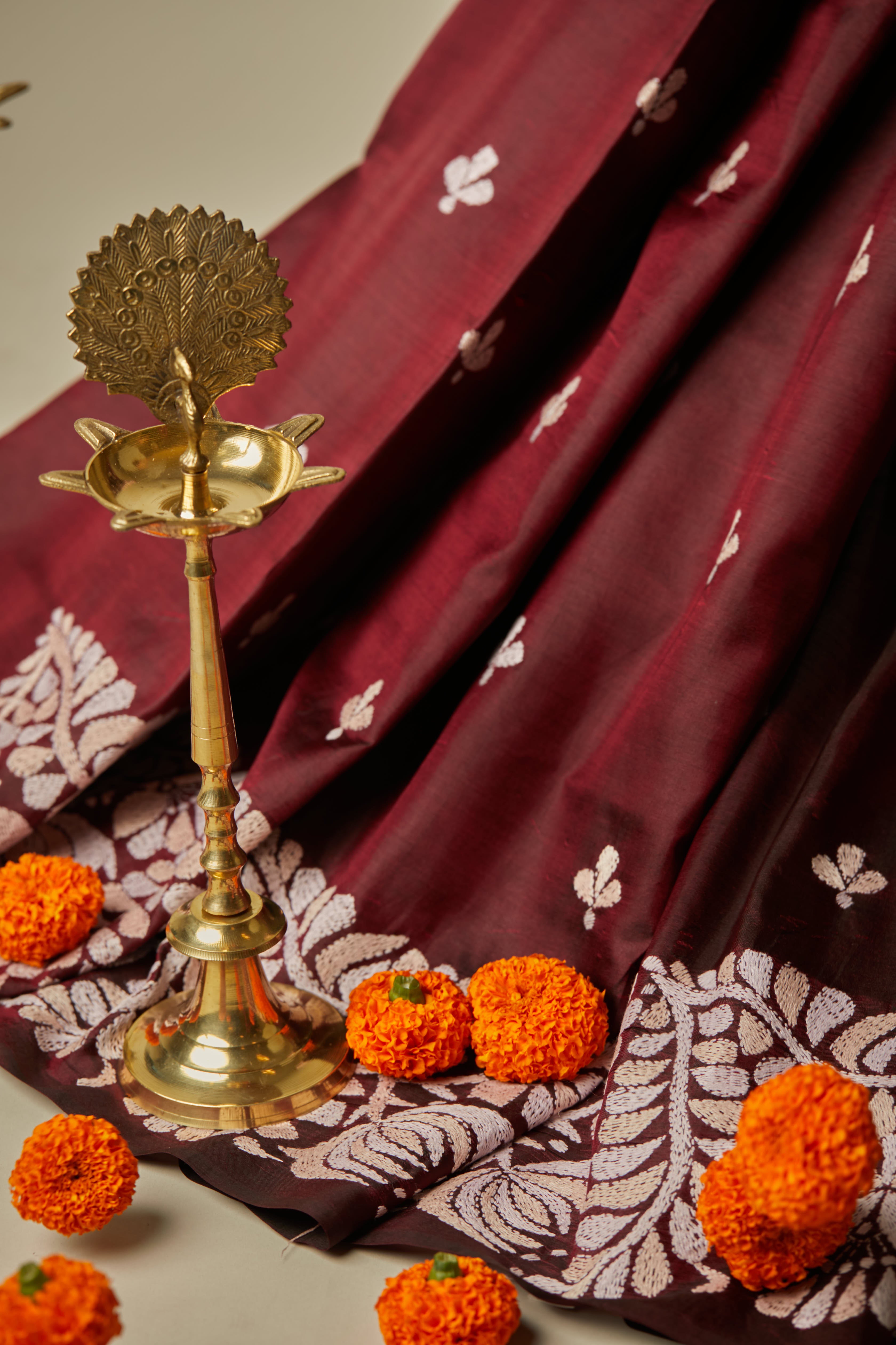Dark Chocolate Silk Saree with Peach & White Embroidery