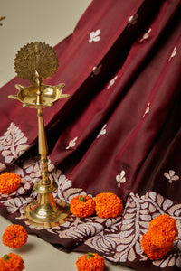Dark Chocolate Silk Saree with Peach & White Embroidery
