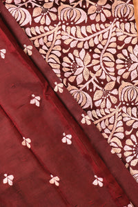 Dark Chocolate Silk Saree with Peach & White Embroidery