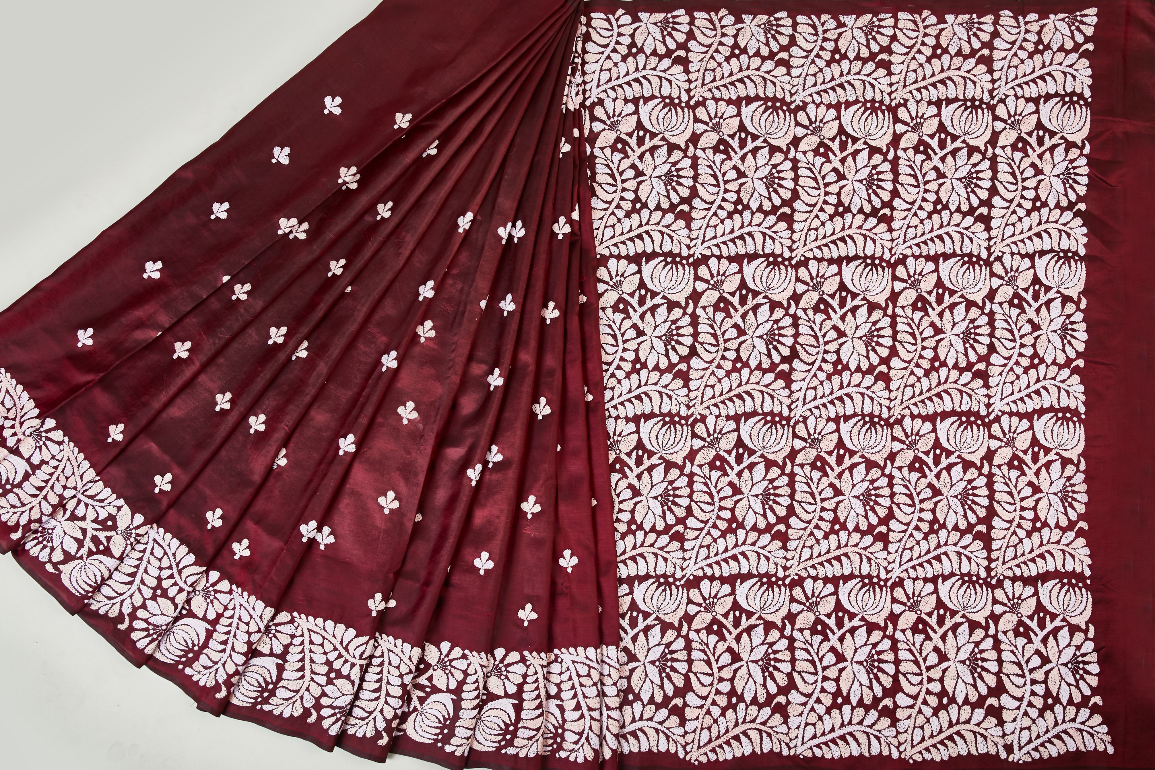 Dark Chocolate Silk Saree with Peach & White Embroidery