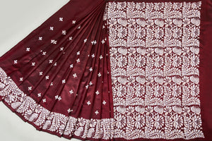 Dark Chocolate Silk Saree with Peach & White Embroidery