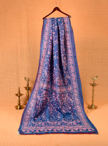 Blue Silk Saree with Pink & White Kantha embroidery