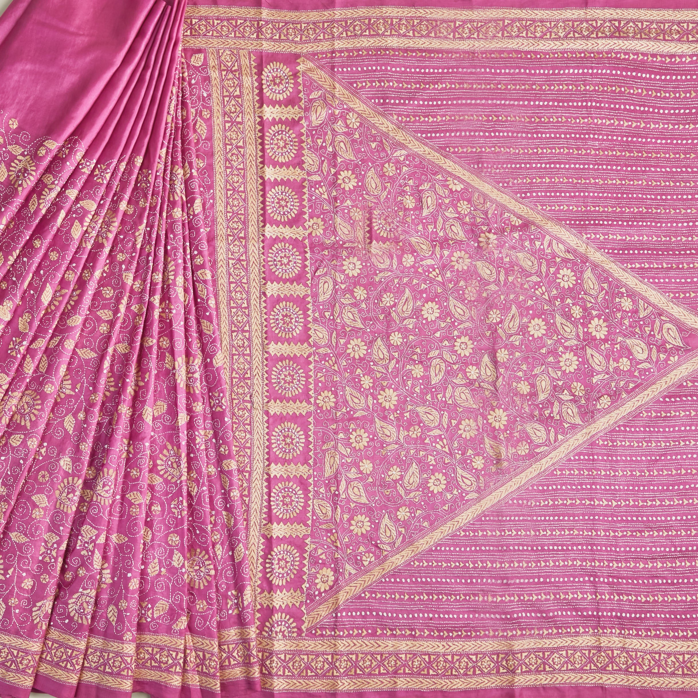 Onion Pink Bangalore Silk Saree with Ochre Kantha Work