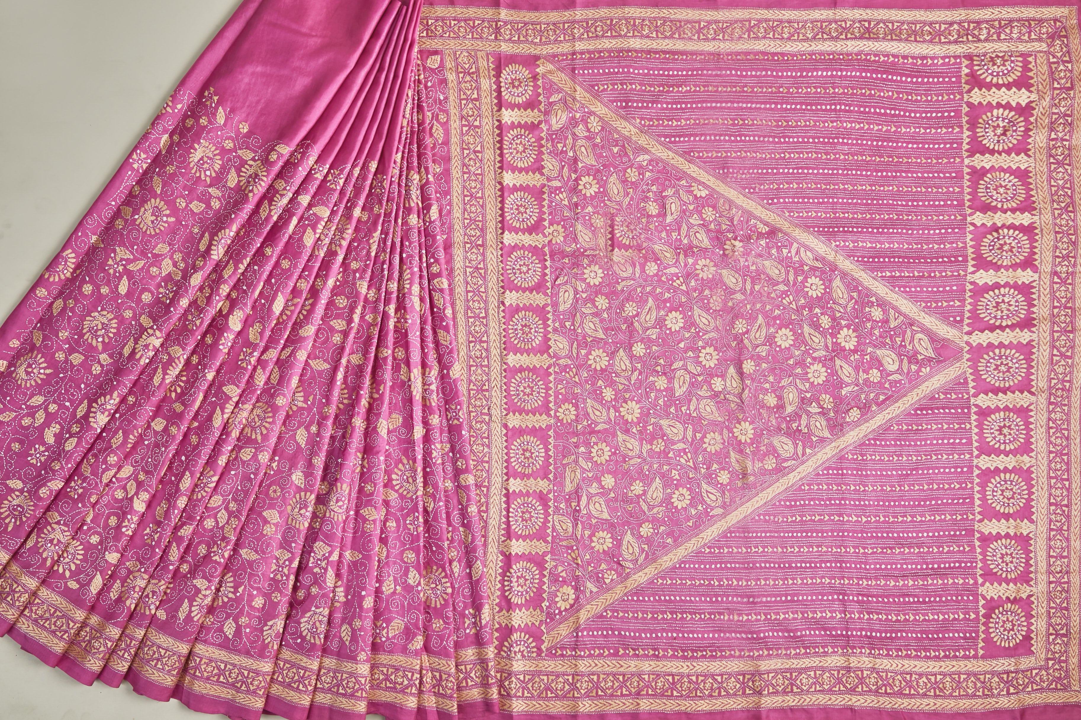 Onion Pink Bangalore Silk Saree with Ochre Kantha Work