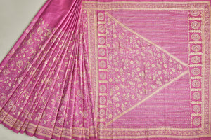 Onion Pink Bangalore Silk Saree with Ochre Kantha Work