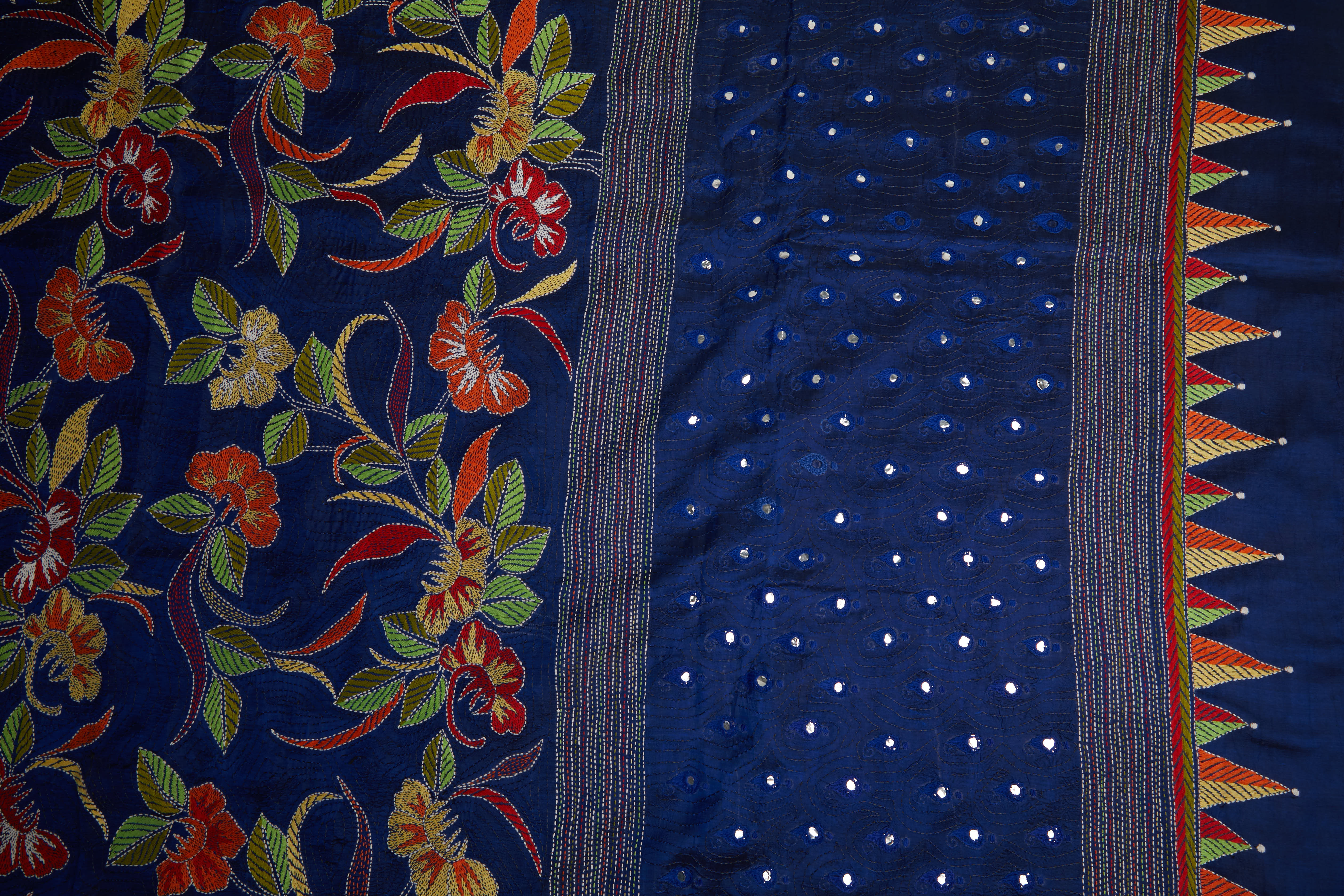 Royal Blue Silk with multicolour motifs & mirror work