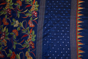 Royal Blue Silk with multicolour motifs & mirror work
