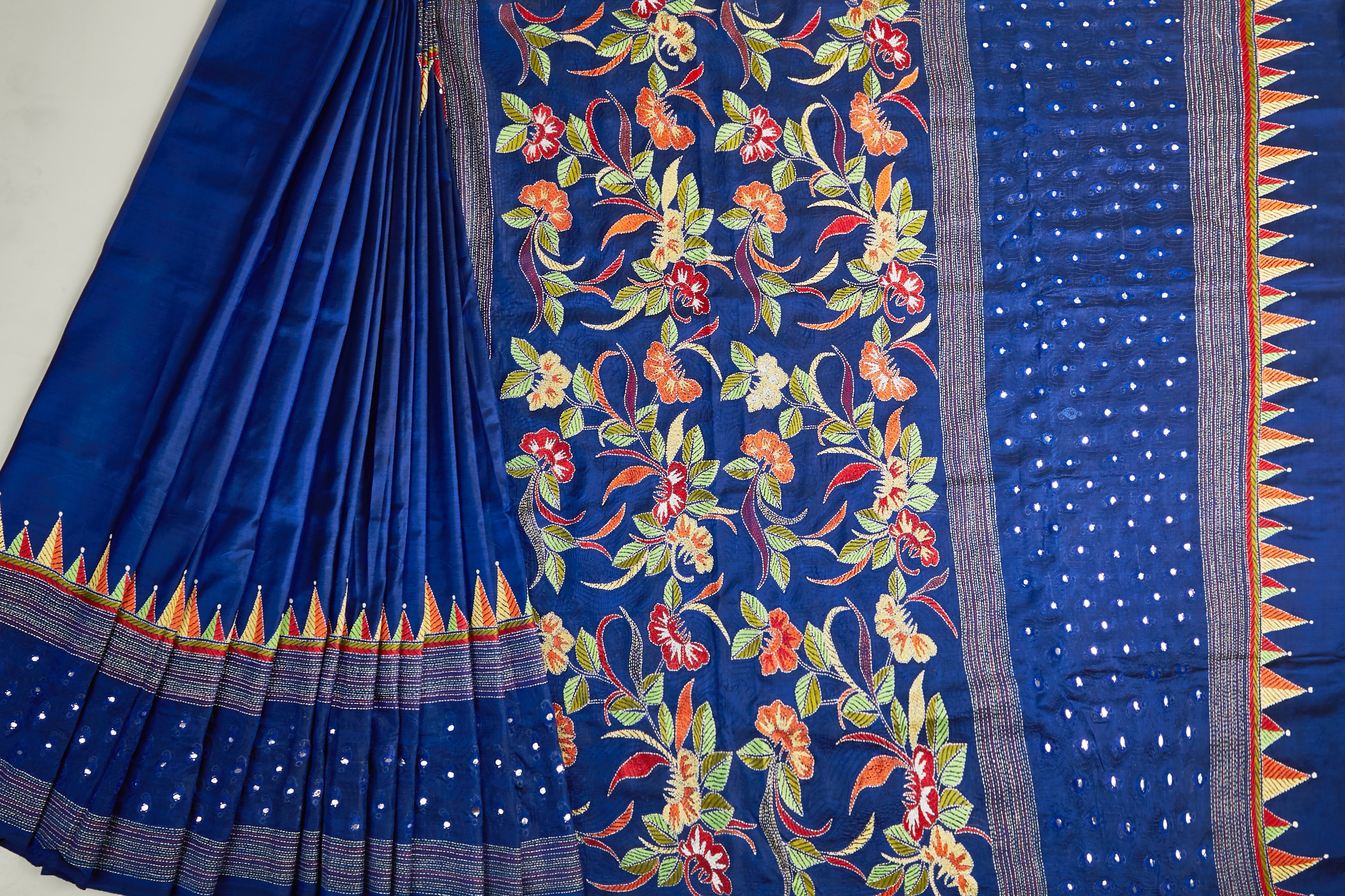 Royal Blue Silk with multicolour motifs & mirror work