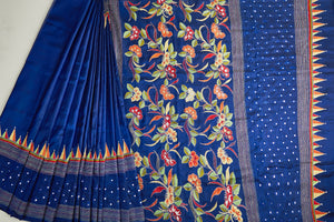 Royal Blue Silk with multicolour motifs & mirror work