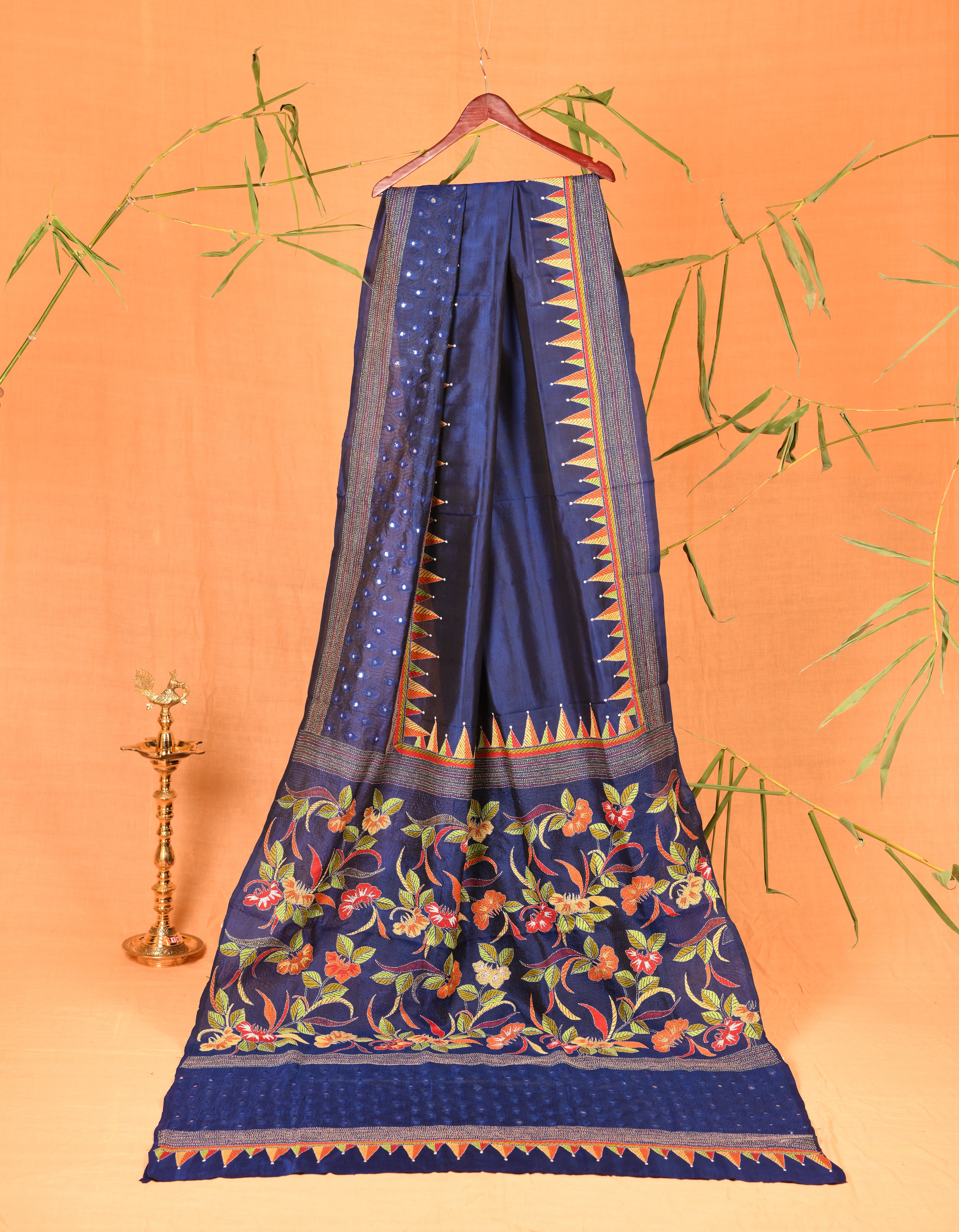 Royal Blue Silk with multicolour motifs & mirror work