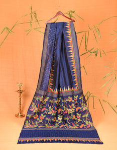 Royal Blue Silk with multicolour motifs & mirror work