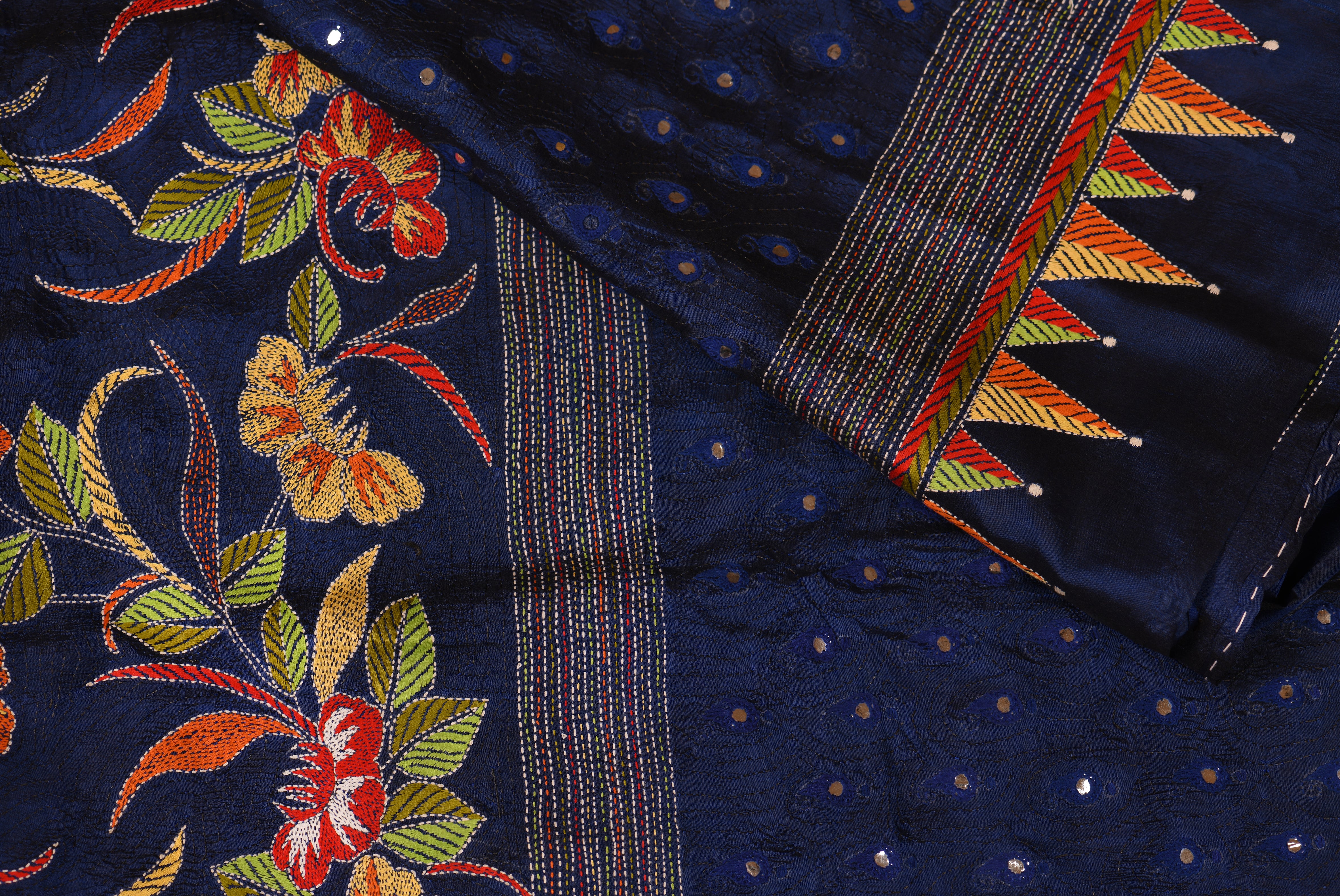 Royal Blue Silk with multicolour motifs & mirror work