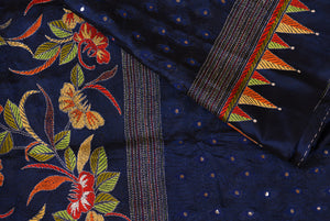 Royal Blue Silk with multicolour motifs & mirror work