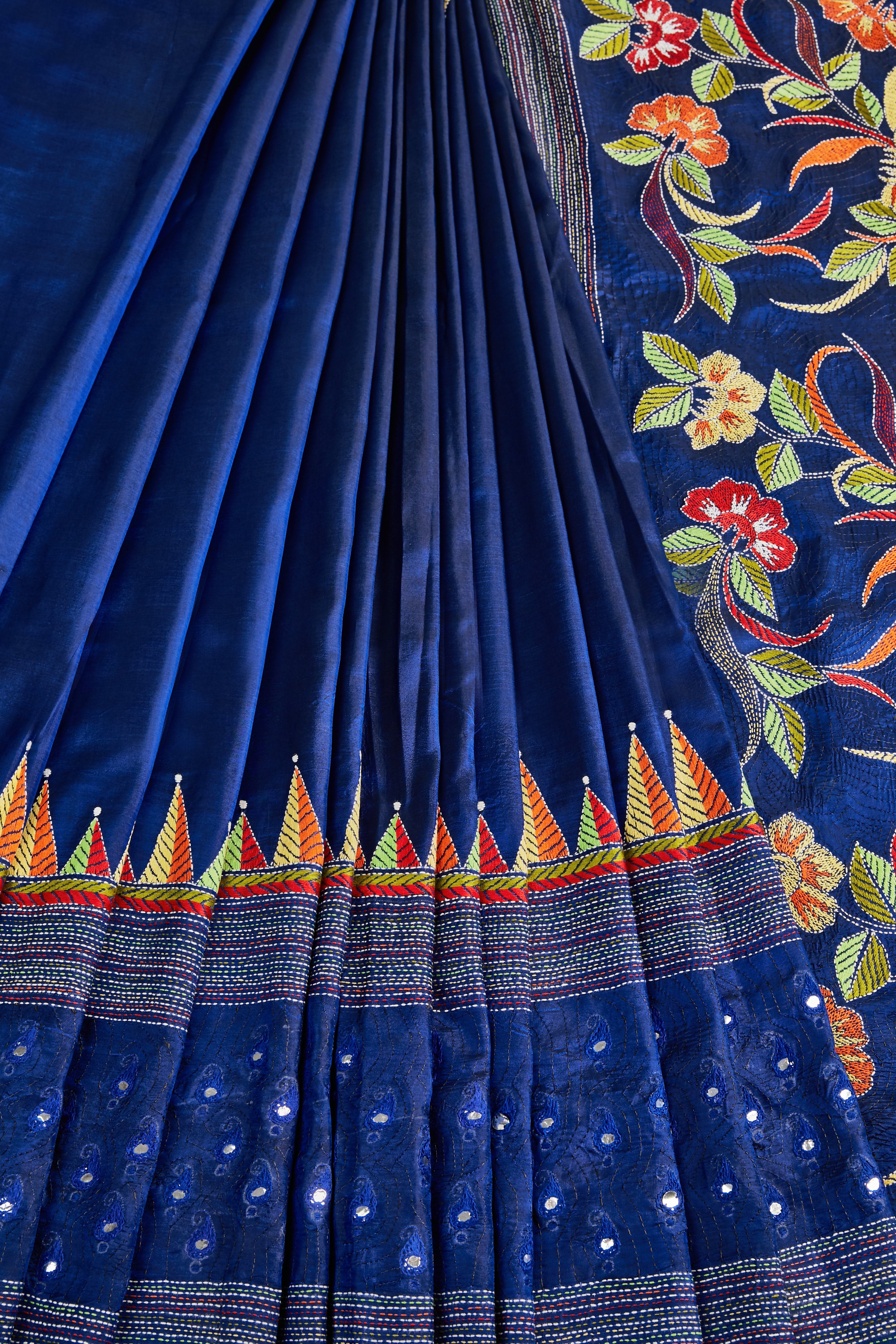 Royal Blue Silk with multicolour motifs & mirror work