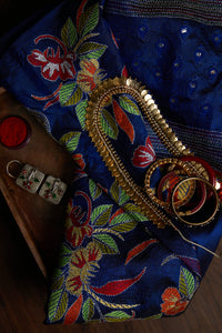 Royal Blue Silk with multicolour motifs & mirror work