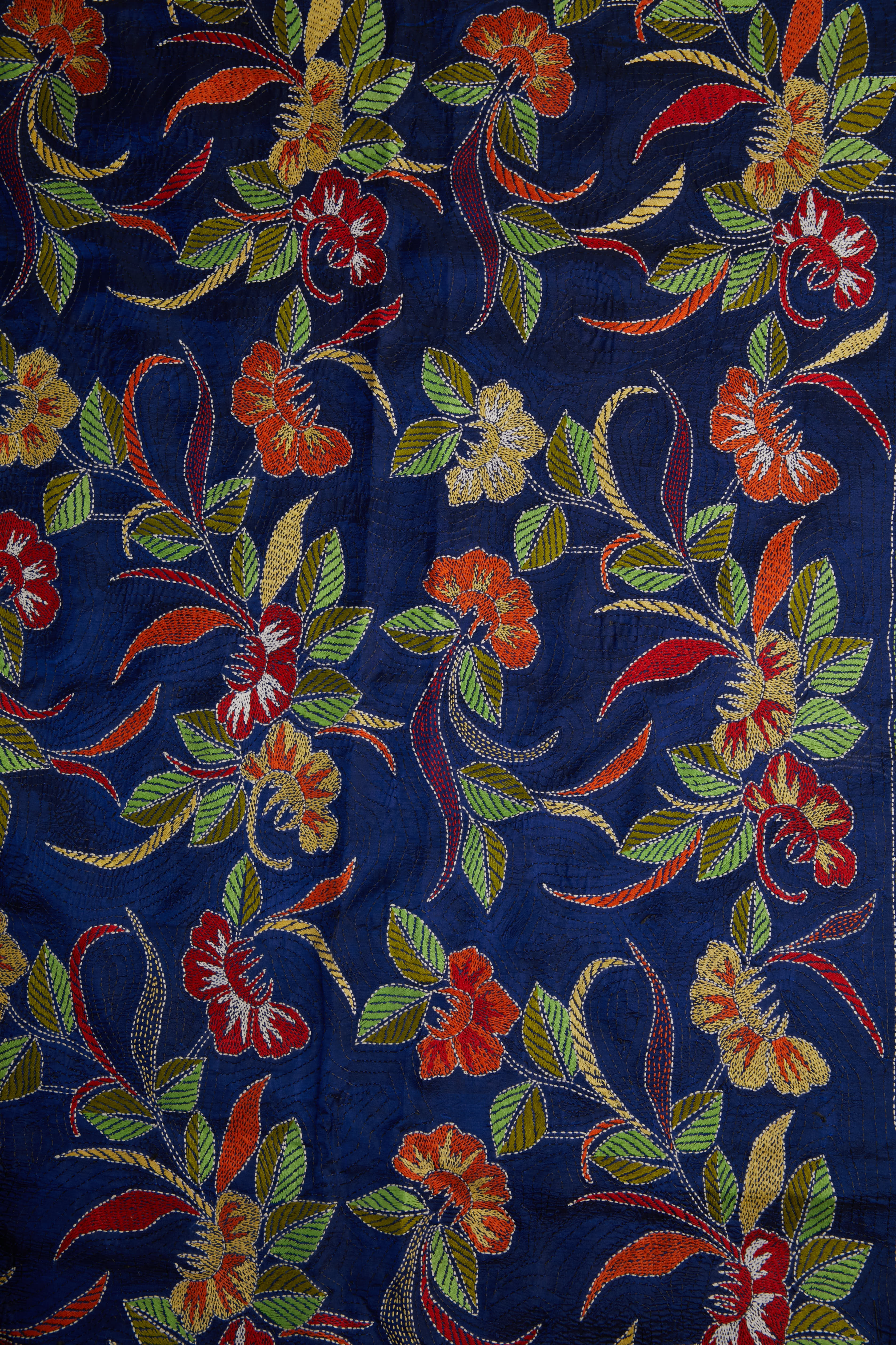 Royal Blue Silk with multicolour motifs & mirror work
