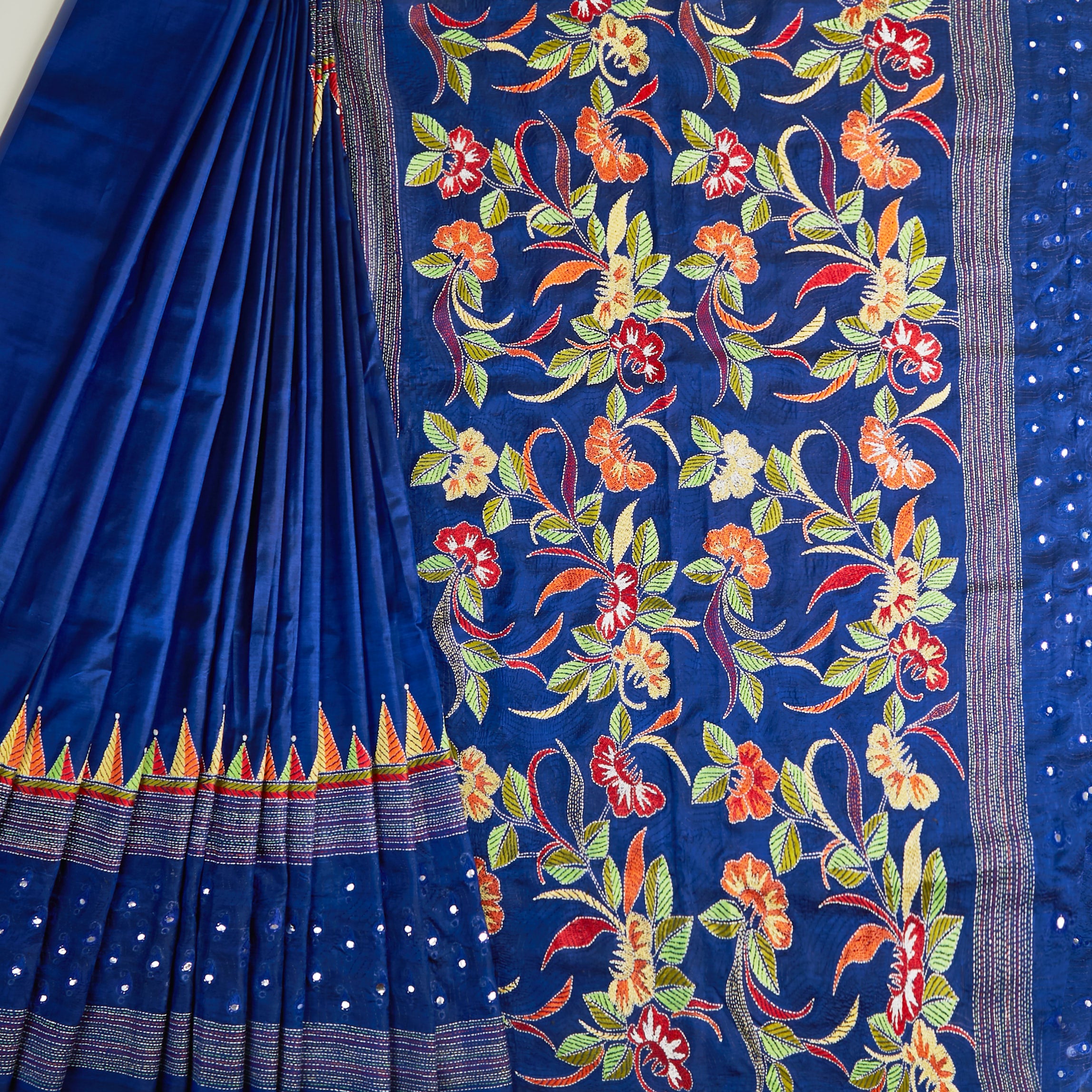 Royal Blue Silk with multicolour motifs & mirror work