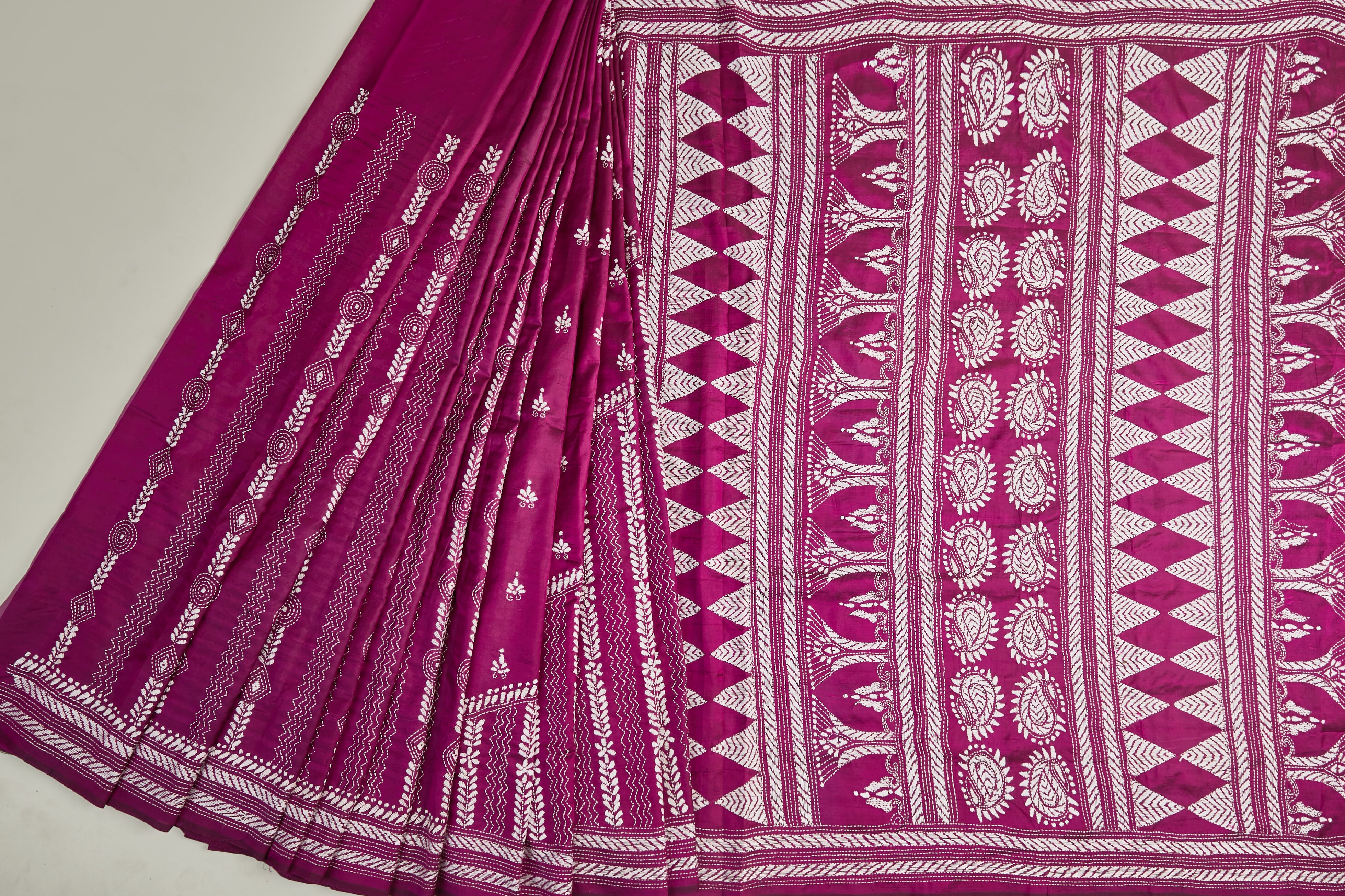 Rich Magenta Bangalore SIlk Saree with White Kantha Threadwork