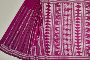Rich Magenta Bangalore SIlk Saree with White Kantha Threadwork