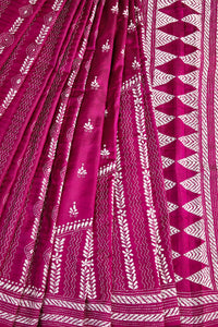 Rich Magenta Bangalore SIlk Saree with White Kantha Threadwork