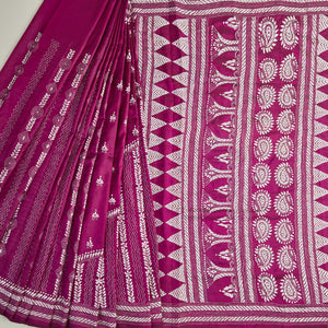 Rich Magenta Bangalore SIlk Saree with White Kantha Threadwork