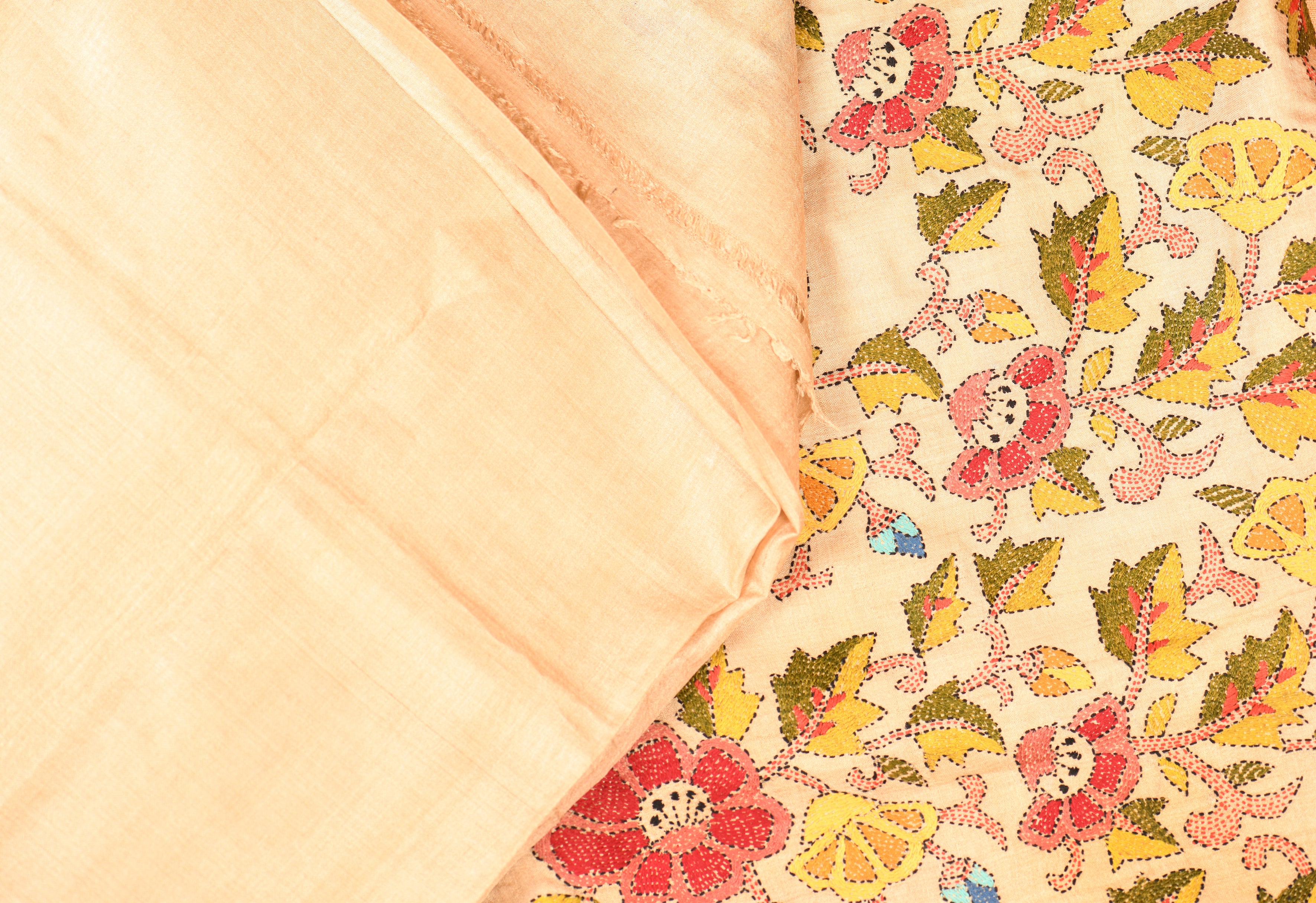Cream Bangalore Silk Saree with Kantha Accented Aanchal