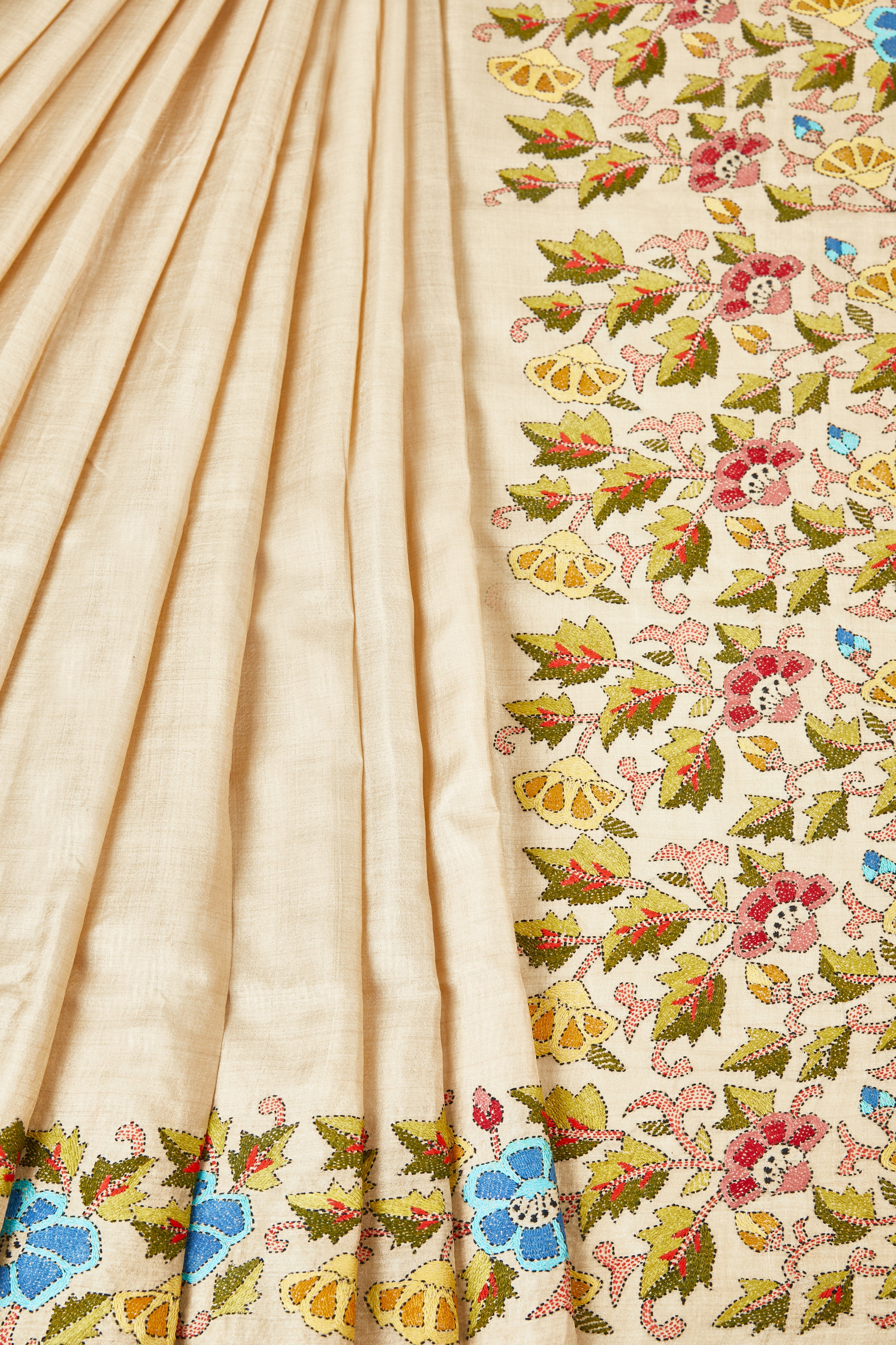 Cream Bangalore Silk Saree with Kantha Accented Aanchal