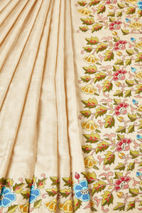 Cream Bangalore Silk Saree with Kantha Accented Aanchal