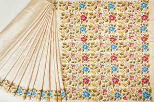 Cream Bangalore Silk Saree with Kantha Accented Aanchal