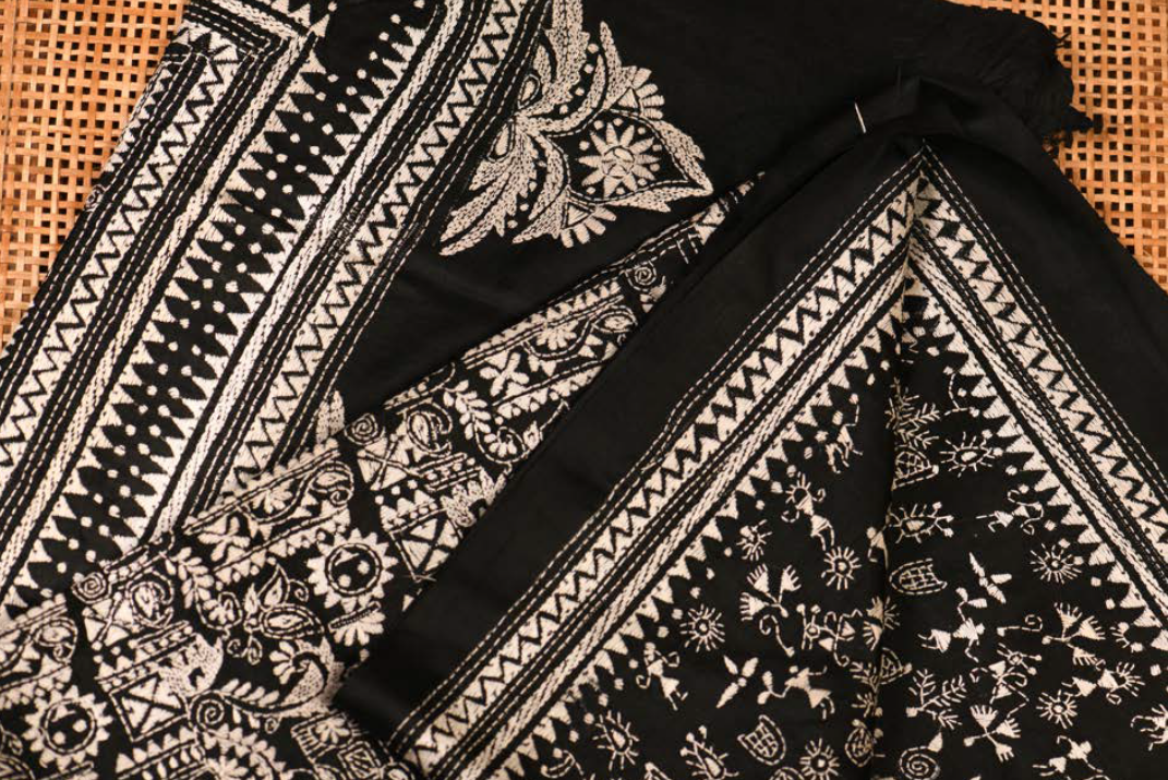 Black & White Silk Dupatta with Warli & Mixed Art in Kantha